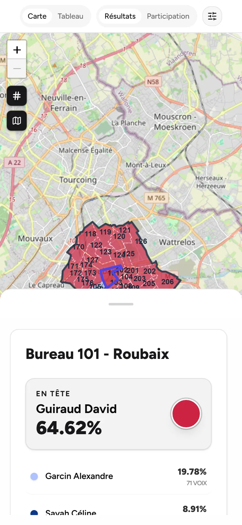 Détail d'un bureau de vote sur la vue mobile publique