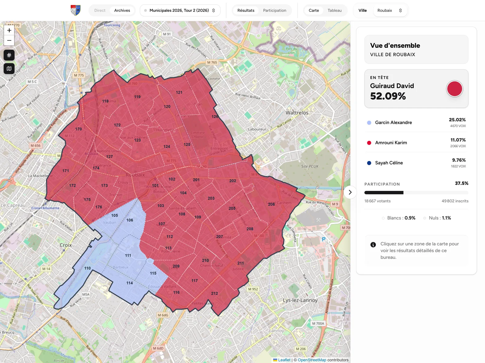 Vue d'ensemble des résultats sur la carte interactive